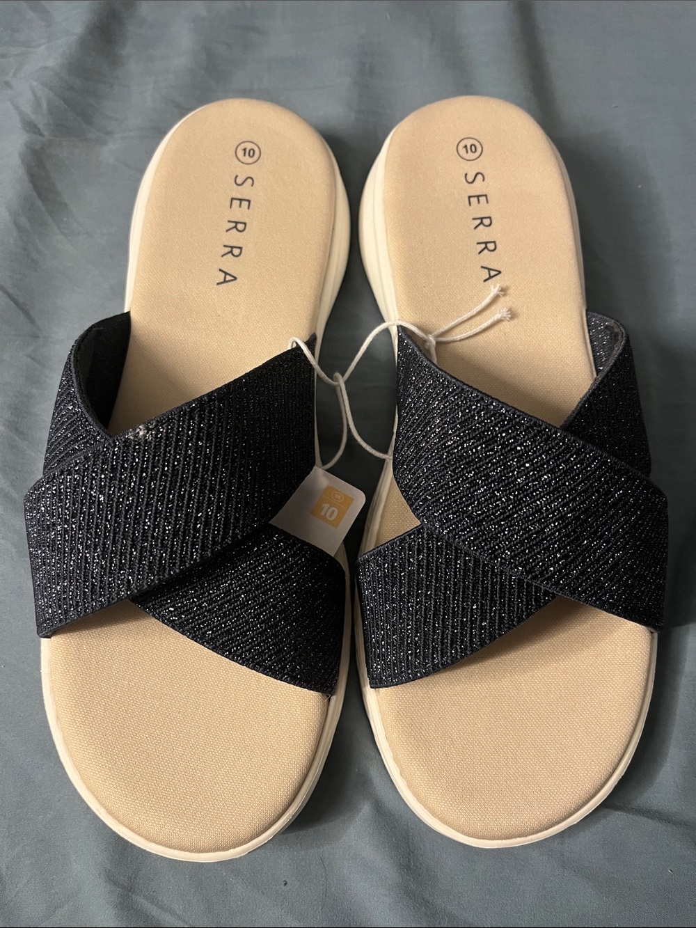Serra Size 10 Women's Black Knit Glitter Crisscross Slide Sandals
